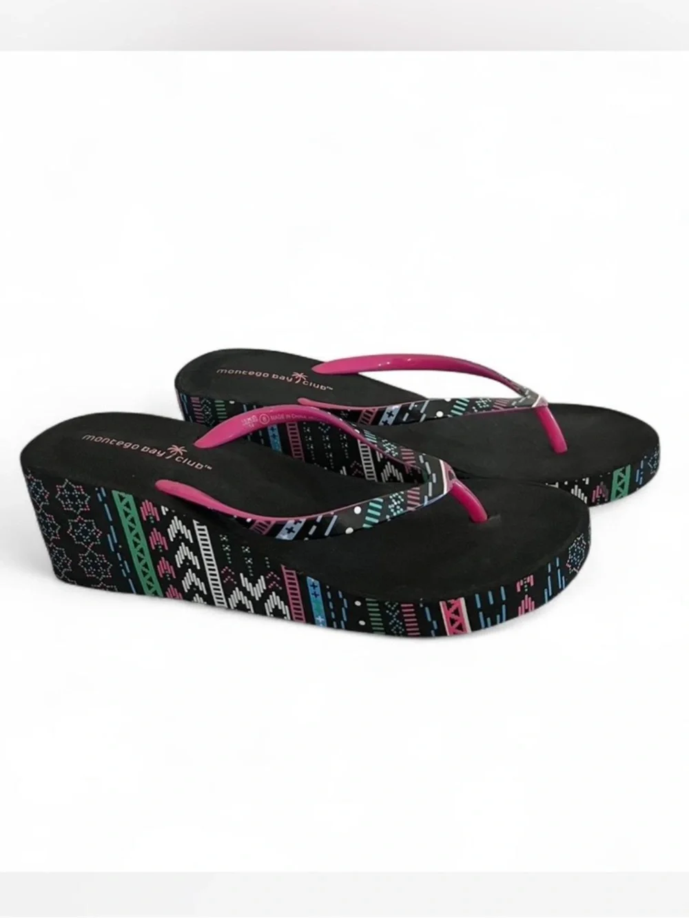 Black Platform Flip Flops with Pink Straps and print